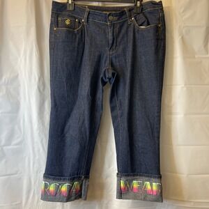 Vintage Y2K Rocawear Dark Denim 5 Pocket Roll Up Cuff Logo Capri Pant Women Sz 9
